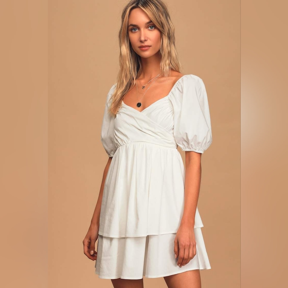 Lulus A Little Romance Ivory Tiered Puff Sleeve Mini Dress
